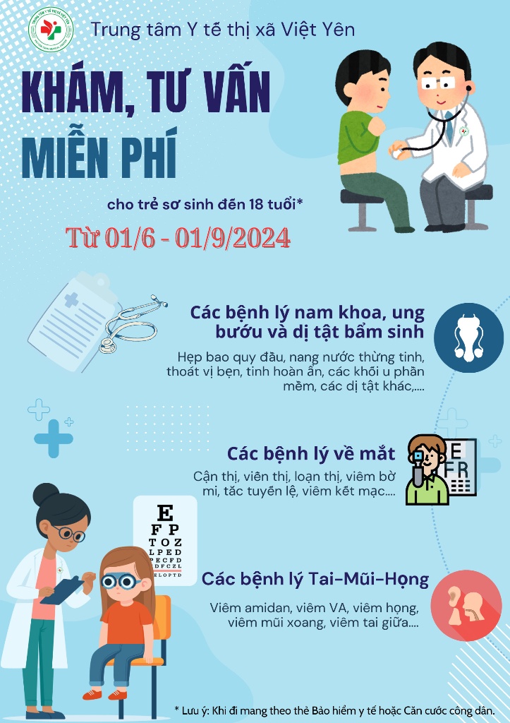 Thông báo: Trung tâm Y tế thị xã Việt Yên khám, tư vấn miễn phí cho trẻ sơ sinh đến 18 tuổi|https://syt.bacgiang.gov.vn/chi-tiet-tin-tuc/-/asset_publisher/6CWBO9WiZqsQ/content/kham-tu-van-mien-phi-cho-tre-so-sinh-en-18-tuoi